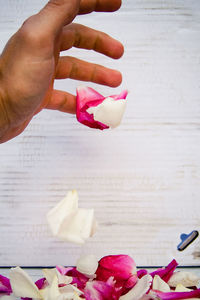 Cropped hand dropping rose petals on table at yard