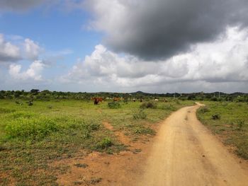 Dirt road passing through field against cloudy sky