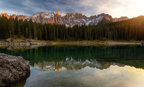 Reflection of trees in lake against sky