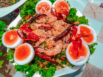 High angle view of fruit salad in plate on table