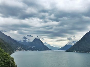 Scenic view of lake and mountains against sky