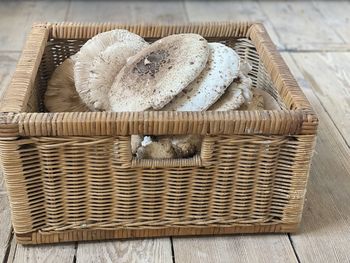 High angle view of cat in basket on table