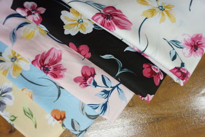 High angle view of pink flowers on table
