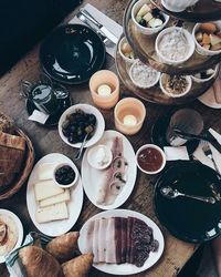 High angle view of breakfast on table