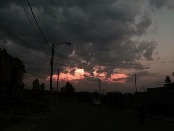 Power lines against cloudy sky