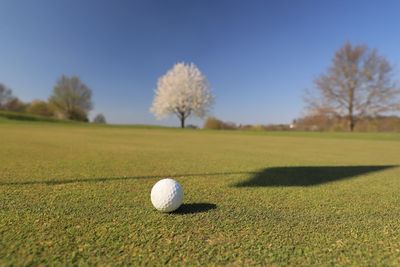 Surface level of golf ball on field against clear sky