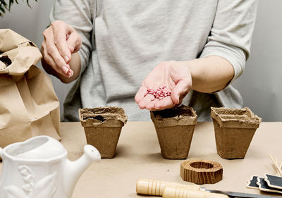 Cucumber seeds in a female palm. planting seeds in paper cardboard cup at home, hobby