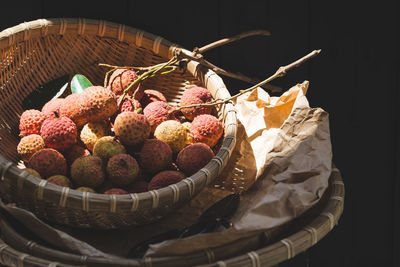 High angle view of strawberries in basket