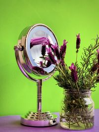 Close-up of purple flower in vase on table