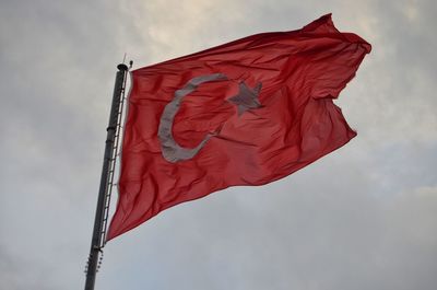 Low angle view of national flag against sky