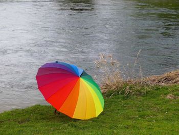 High angle view of multi colored umbrella on beach
