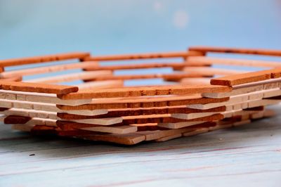 Close-up of stack of table