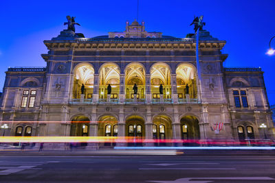 Facade of historical building at dusk