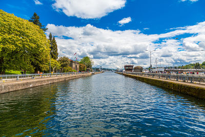 Bridge over river in city against sky