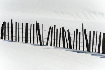 Fence on snow covered land against sky