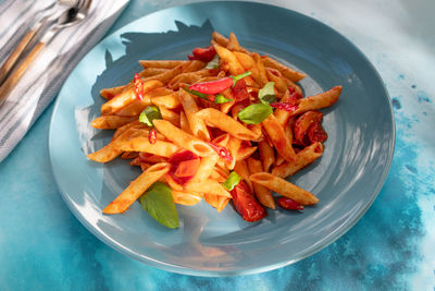 High angle view of food in plate on table