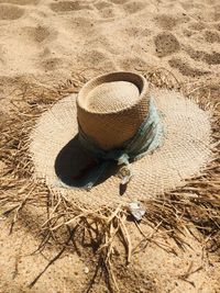 High angle view of hat on sand on field