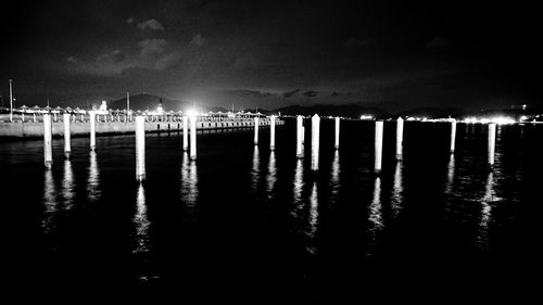 Reflection of illuminated building in water at night