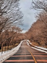 Empty road amidst bare trees against sky