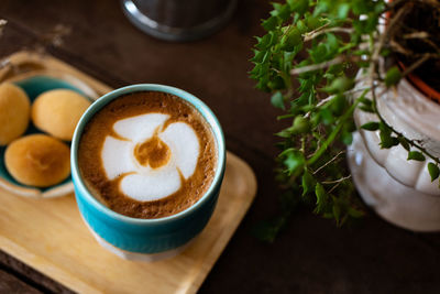 High angle view of coffee on table