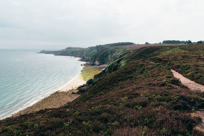 Panoramic view over cap frehel and fort la latte, brittany, france. atlantic ocean french coast