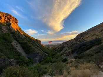 Scenic view of mountains against sky during sunset