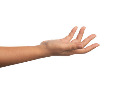 Close-up of human hand over white background