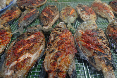 High angle view of meat on barbecue grill