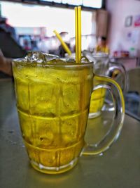 Close-up of beer in glass on table