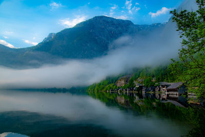 Scenic view of lake and mountains against sky