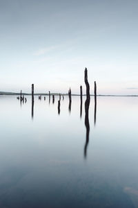 Wooden posts in sea against sky at dusk
