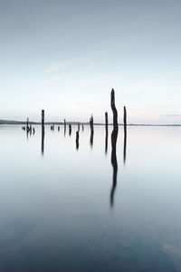 Silhouette wooden posts in sea against sky during sunset