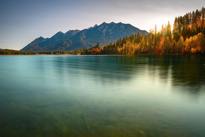 Scenic view of lake and mountains against sky