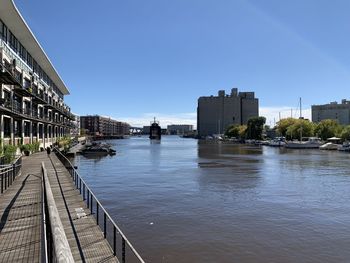 Bridge over river by buildings against clear sky