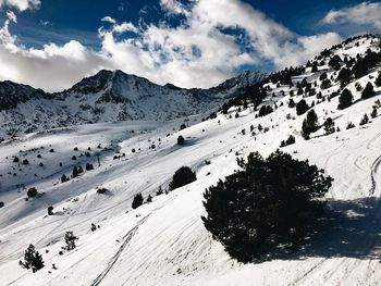 Scenic view of snow covered mountains against sky