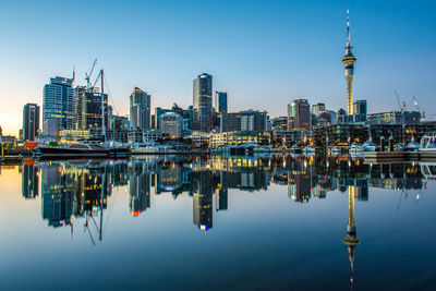 Reflection of buildings in lake against sky