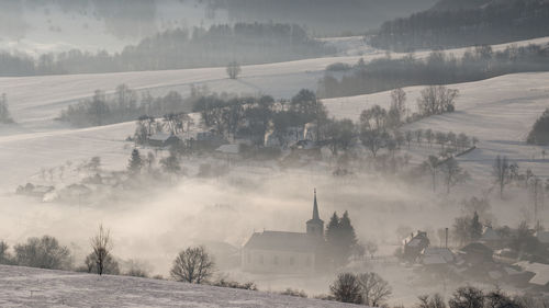 Panoramic view of trees and houses against sky during winter