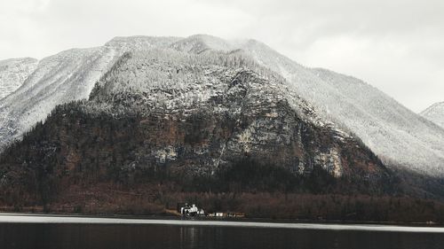 Scenic view of lake by mountains against sky