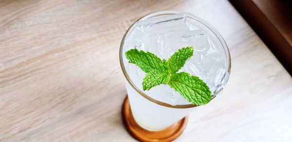 High angle view of drink on table