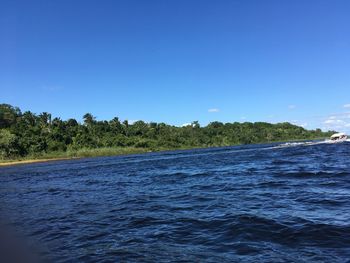 Scenic view of sea against clear blue sky