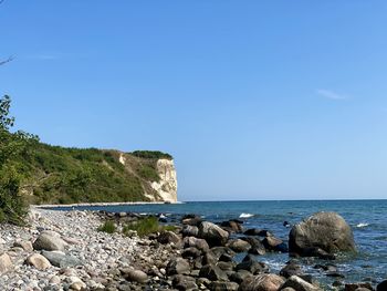 Scenic view of sea against clear blue sky