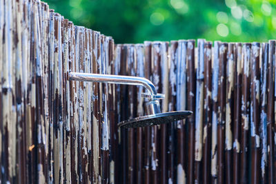 Close-up of shower on wooden fence