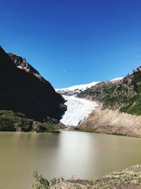 Scenic view of lake by snowcapped mountains against clear blue sky