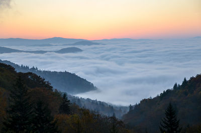 Scenic view of mountains against sky during sunset