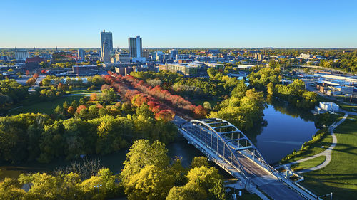 High angle view of cityscape against clear sky