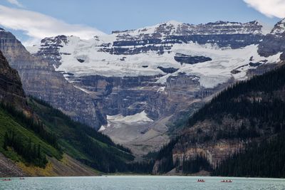 Scenic view of lake by snowcapped mountains against sky