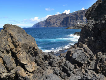 Scenic view of sea and mountains against sky