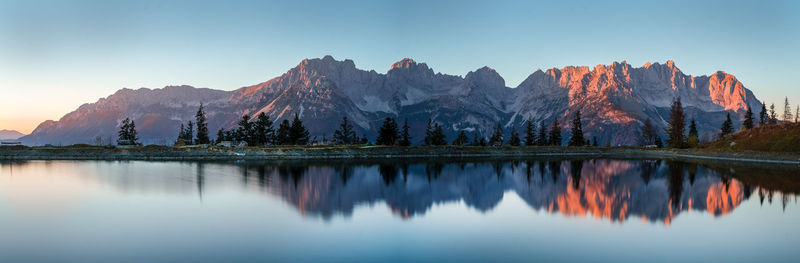 Panoramic view of lake and mountains against sky