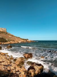 Scenic view of sea against clear blue sky