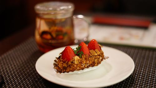 Close-up of breakfast served on table